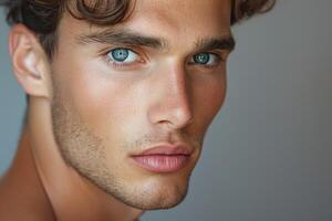 Close-up portrait of a young Caucasian man with striking blue eyes and tousled hair, exuding confidence and charm. photo