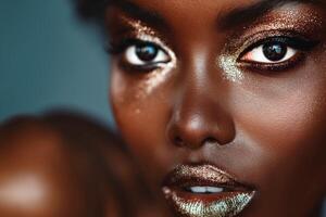 Close-up portrait of a young Black woman with glittering eye makeup and a radiant smile against a soft blue background. photo