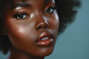A close-up portrait of a young Black woman with radiant skin and shimmering makeup. photo