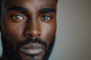 Close-up portrait of a young Black man with striking features and piercing eyes, showcasing a serene and contemplative expression. photo