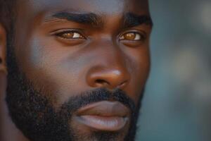 Close-up of a Black male model with striking features and warm, expressive eyes. photo