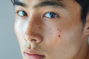 A close-up of a young Asian male with striking freckles and expressive brown eyes gazing intently at the camera. photo