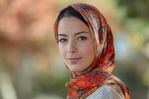 A young Middle Eastern woman with a serene expression, adorned in a vibrant red and orange patterned scarf. photo