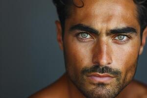 Intense portrait of a handsome Middle-Eastern man with piercing green eyes. photo