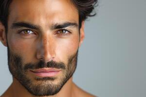A striking portrait of a young South Asian man with a well-defined beard, showcasing confident expression and captivating brown eyes. photo
