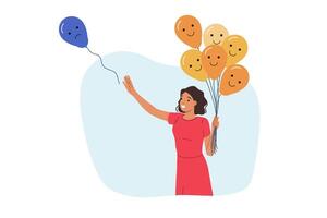 Woman releasing negative emotions in form of balloon with sad grimace, for care of mental wellbeing vector