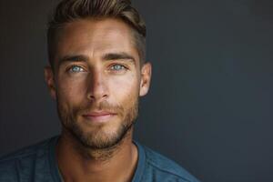 Close-up portrait of a handsome Caucasian man with striking blue eyes and a well-groomed beard. photo
