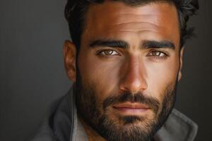 A close-up portrait of a handsome Middle-Eastern man with dark hair and a well-groomed beard, showcasing intense brown eyes. photo