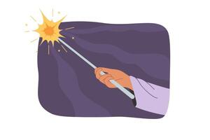 Magic wand in hand of sorcerer casting spell and creating flash of light symbolizing miracle vector