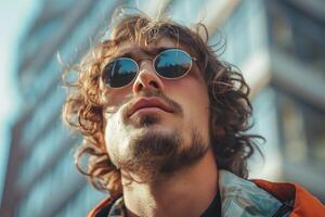 Young Caucasian man with curly hair and sunglasses gazing upwards against a modern urban backdrop. photo
