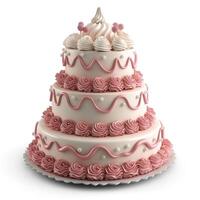 A beautifully decorated three-tier cake with pink and white icing, featuring intricate rose designs and elegant toppings. photo