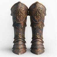 Intricately designed bronze shin guards showcasing elegant patterns, perfect for a warrior's ensemble or fantasy costume. photo