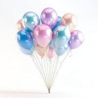 A colorful assortment of metallic balloons in pastel shades of pink, blue, and lavender, perfect for celebrations. photo