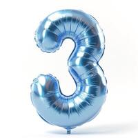 A shiny blue balloon in the shape of the number three, perfect for celebrations. photo