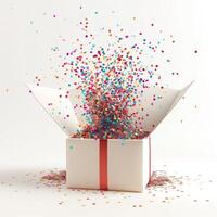 A festive explosion of colorful confetti bursts from an open gift box, creating a joyful and celebratory atmosphere. photo
