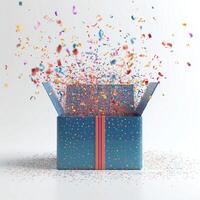 A vibrant blue gift box bursts open, showering colorful confetti and streamers across a bright background. photo