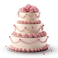 A beautifully crafted, four-tiered cake adorned with pink frosting and decorative swirls, perfect for celebrations. photo