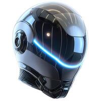 Futuristic robotic helmet with sleek design and glowing blue accents, emphasizing advanced technology and innovation. photo