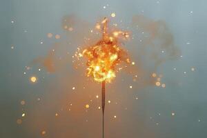 A vibrant sparkler ignites against a misty backdrop, creating dazzling orange and gold sparks that dance in the air. photo