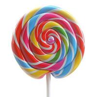A vibrant, colorful swirl lollipop featuring red, blue, yellow, and green stripes on a white stick. photo