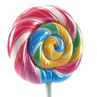 A vibrant, colorful spiral lollipop with pink, blue, yellow, and green swirls, evoking a sense of joy and childhood nostalgia. photo