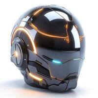 Futuristic black and orange helmet with sleek design and glowing accents. photo