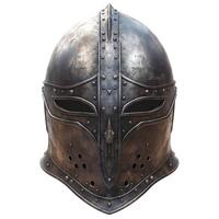 Detailed medieval knight's helmet crafted from polished metal. photo
