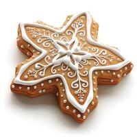 A beautifully decorated gingerbread cookie in the shape of a star, detailed with white icing and intricate patterns. photo