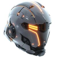 Futuristic grey helmet with glowing orange accents, floating against a white backdrop. photo