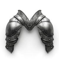 A detailed metallic shoulder armor piece with a distinct 'M' shape, showcasing intricate design and polished texture. photo