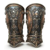 Intricate bronze and metal patterned shin guards with ornate detailing, showcasing craftsmanship and artistry. photo