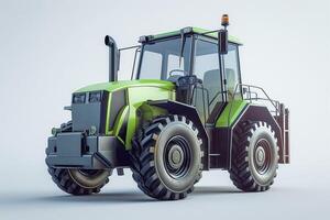 A vibrant green modern tractor featuring large tires, perfect for agricultural tasks, showcased against a light backdrop. photo