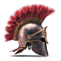 A detailed ancient Roman helmet with a striking red crest, showcasing intricate designs and a polished finish. photo