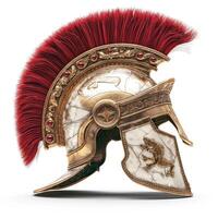 A stunning Roman gladiator helmet featuring intricate detailing and a vibrant red plume. photo