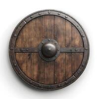 A rustic wooden shield with metal accents, displaying a strong, warrior-like aesthetic. photo