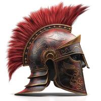 A striking, intricately designed Roman gladiator helmet with a vibrant red plume, showcasing historical craftsmanship. photo