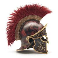 A detailed Roman gladiator helmet showcasing vibrant details and a striking red mohawk crest. photo