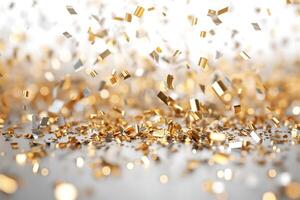 Glittering gold confetti falling against a soft blurred background, creating a festive and celebratory atmosphere. photo