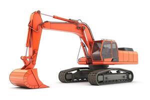 A bright orange excavator on a white background, showcasing its detailed design and robust structure. photo