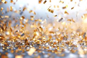 A dynamic explosion of golden confetti, creating a festive and celebratory atmosphere. photo