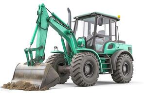 A modern green backhoe loader with a bucket full of dirt, ready for construction work. photo