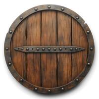 A sturdy, round wooden shield with a weathered finish, showcasing a rustic and medieval design. photo