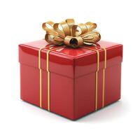 A vibrant red gift box adorned with a shiny gold ribbon and bow, perfect for celebrations and special occasions. photo