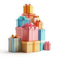A colorful stack of gift boxes in various sizes and designs, adorned with vibrant ribbons and bows. photo
