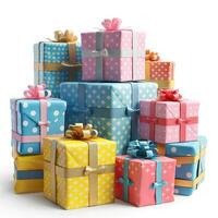 A vibrant assortment of beautifully wrapped gifts in various colors and patterns, perfect for celebrations. photo