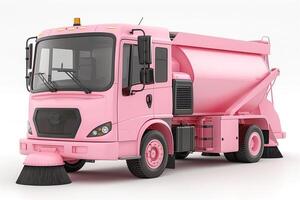 A vibrant pink street sweeper truck parked against a clean white background. photo
