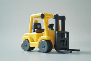 A vibrant yellow toy forklift, featuring a simple design suitable for children, stands against a soft gray background. photo