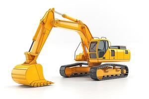 A bright yellow excavator showcasing its mechanical design against a clean white background. photo