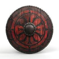 A detailed medieval shield with intricate red and black designs, showcasing craftsmanship and historical significance. photo