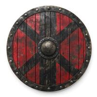 A detailed wooden shield featuring a striking red and black design, symbolizing strength and durability. photo